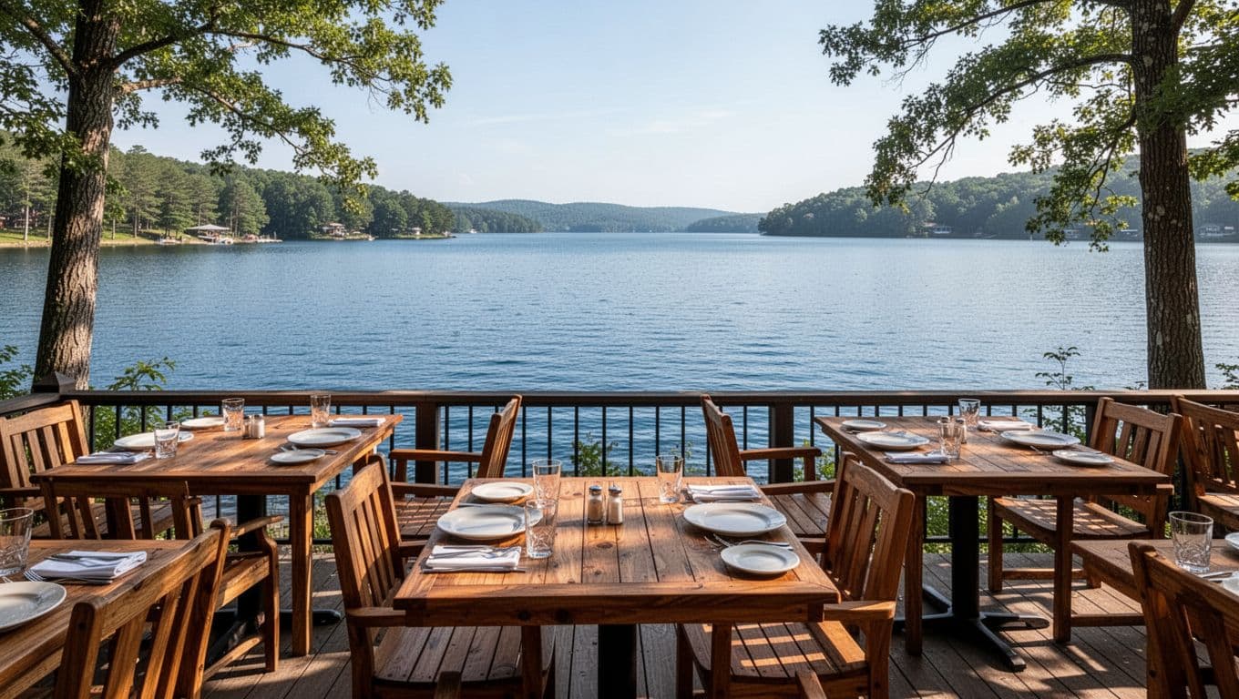 Wooden dining tables overlook Beaver Lake beneath a green Lakeside Dining banner.