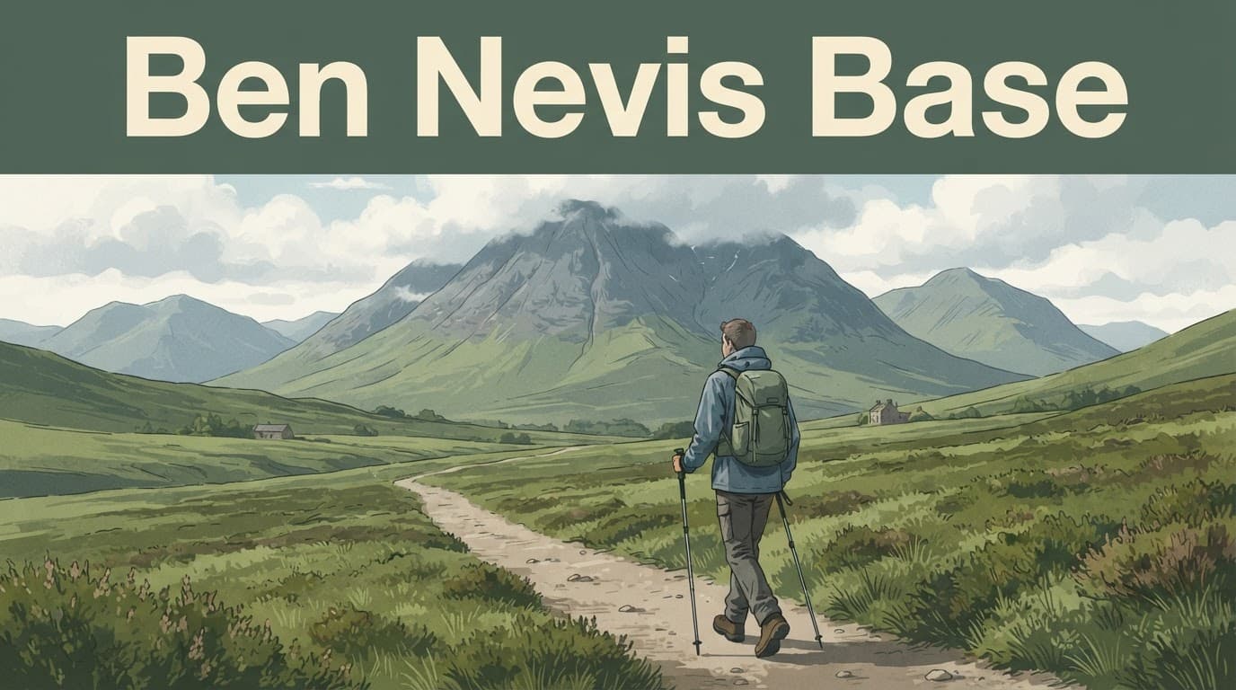 A lone backpacker walks toward Ben Nevis along a broad Highland trail.