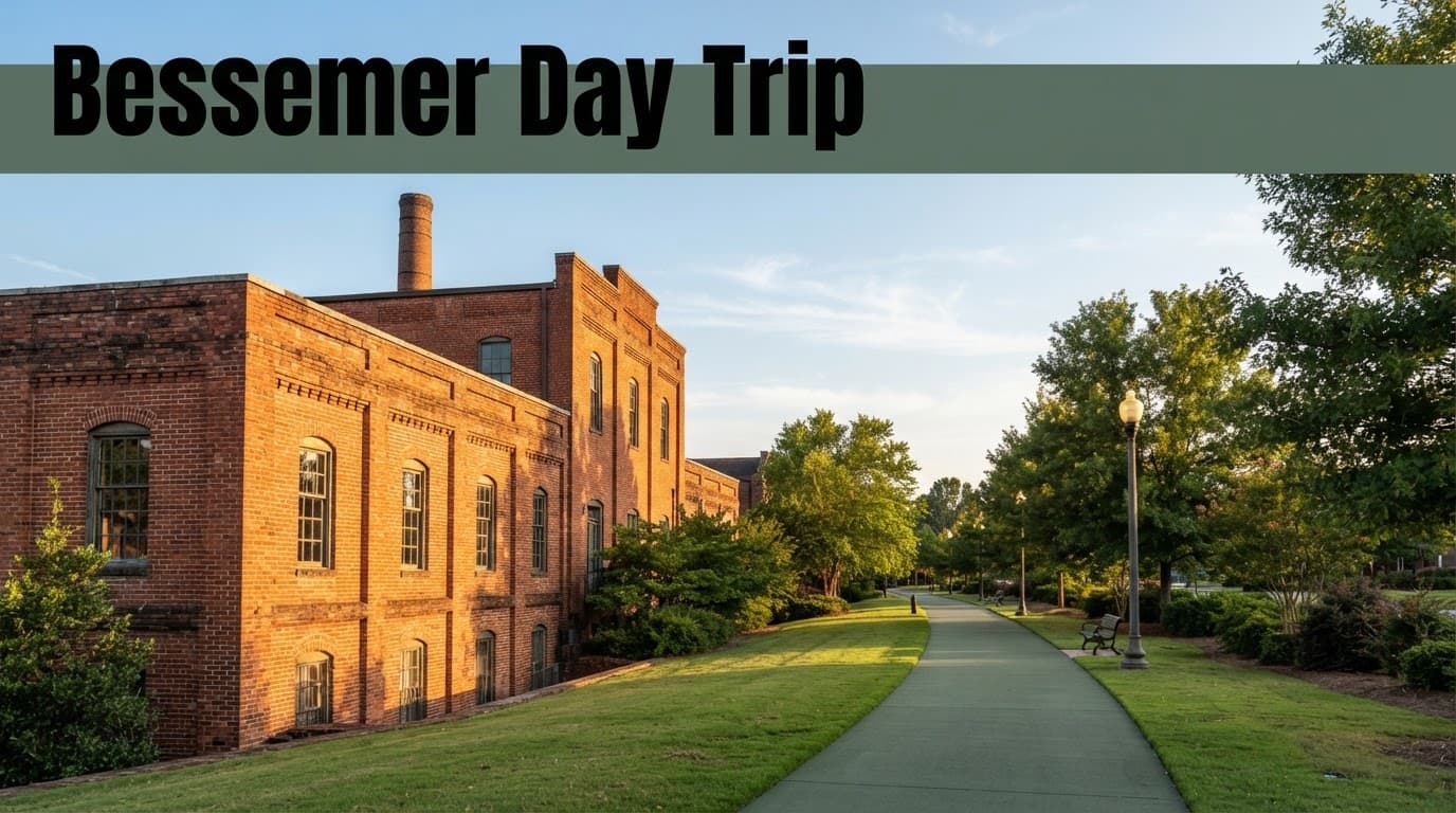 Historic red-brick building beside a green park path in Bessemer.