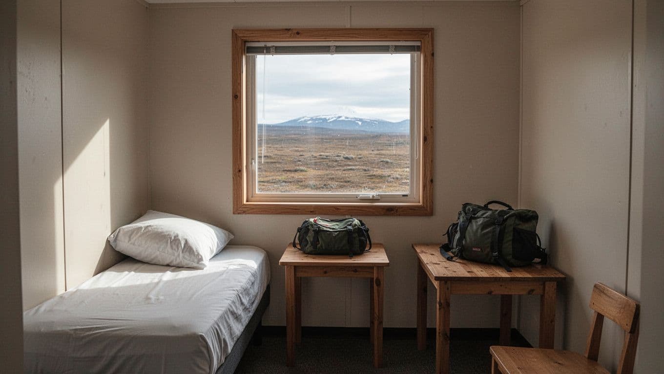 A simple guest room with one bed, a table, travel bag, and tundra view.