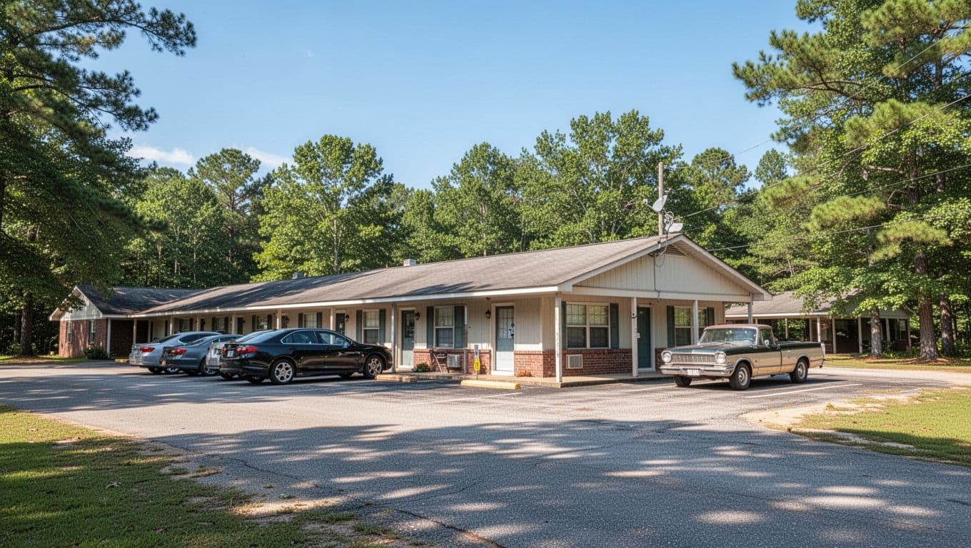 Simple motel exterior in Bibb County