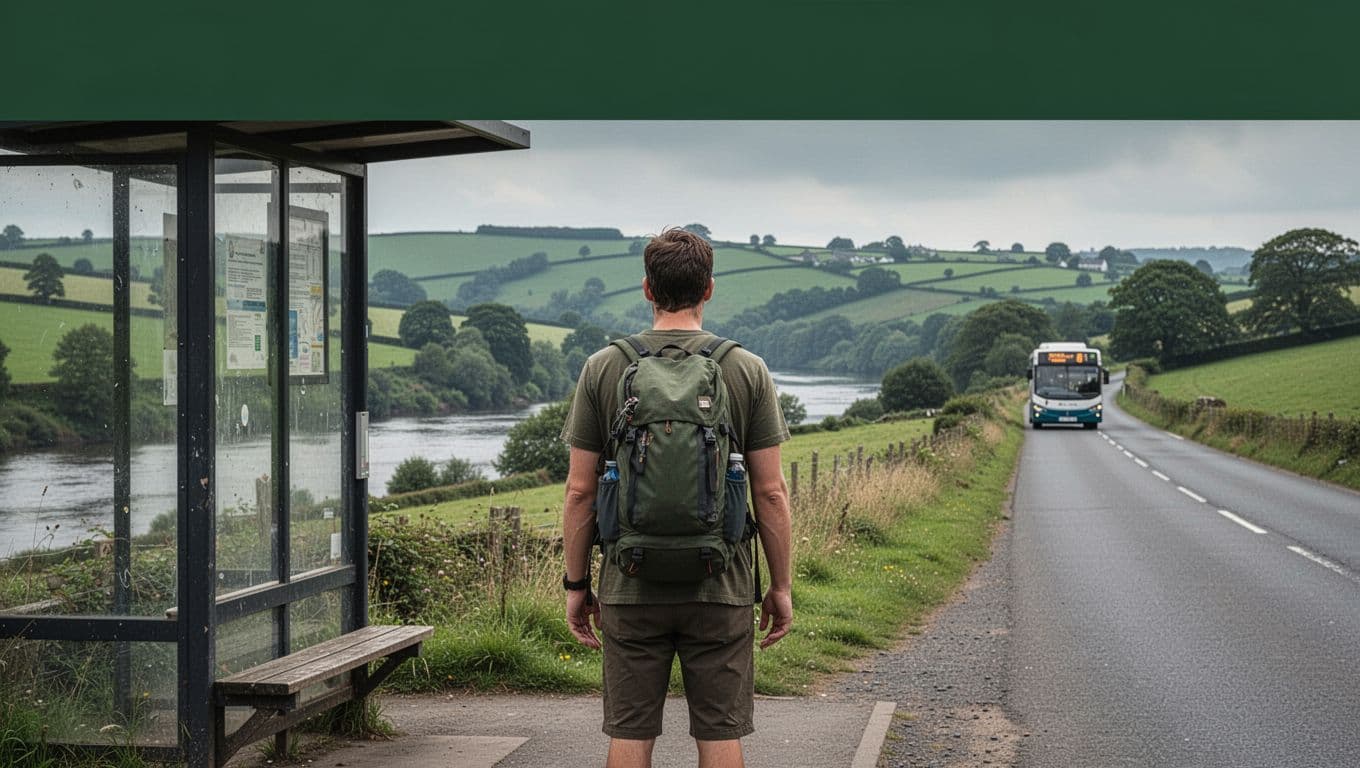 A backpacker stands at a rural bus stop beside green countryside near Bideford.