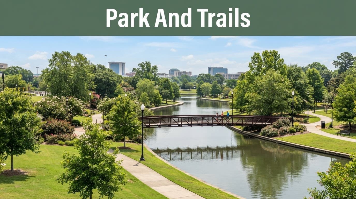 Calm water, green paths, and a footbridge at Big Spring International Park in Huntsville.