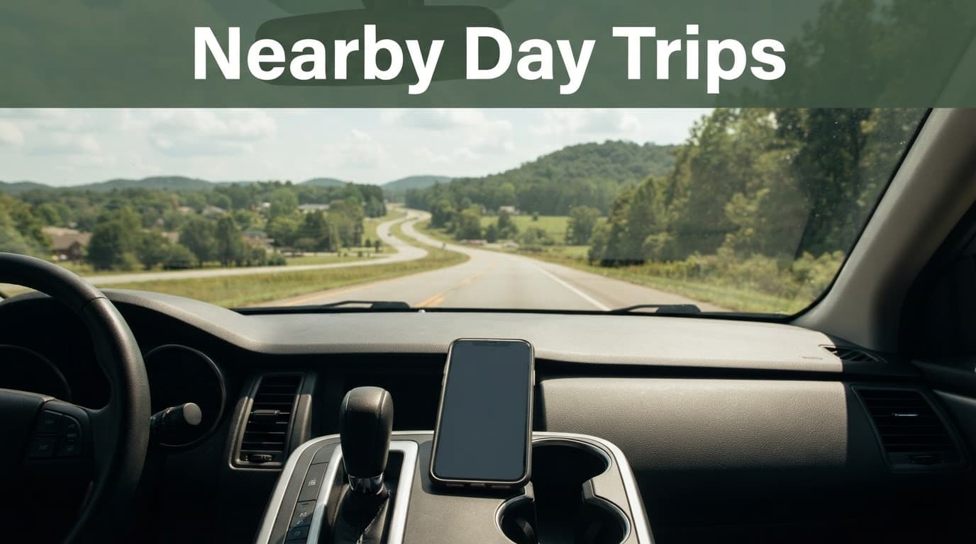 A phone on a car console faces a road leading toward wooded hills.