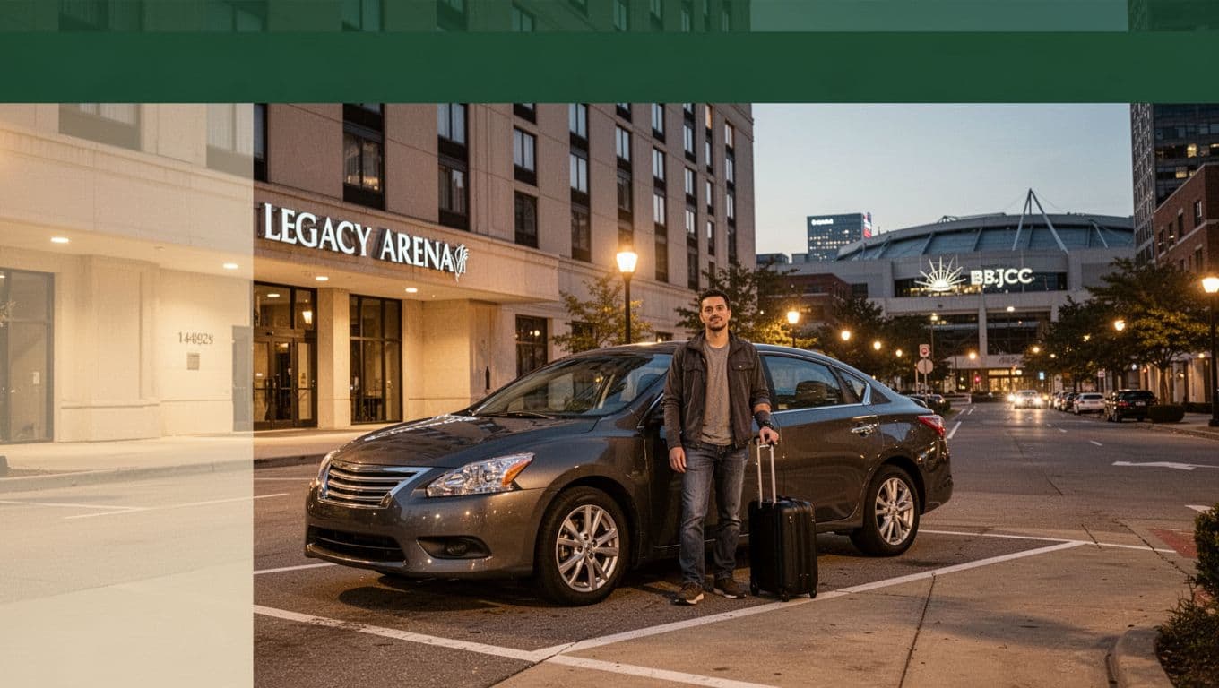 Traveler beside a parked car near Birmingham event buildings.