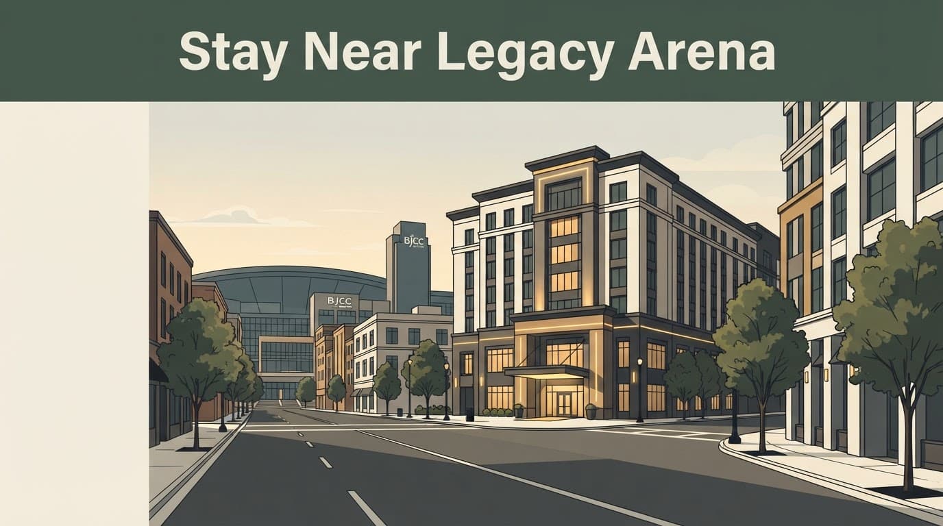 A modern hotel district with Legacy Arena in the background.