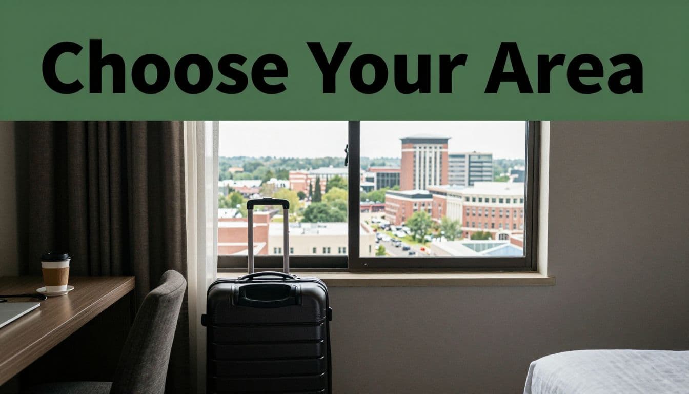 Packed suitcase beside a hotel window overlooking Birmingham, with a desk and coffee nearby.