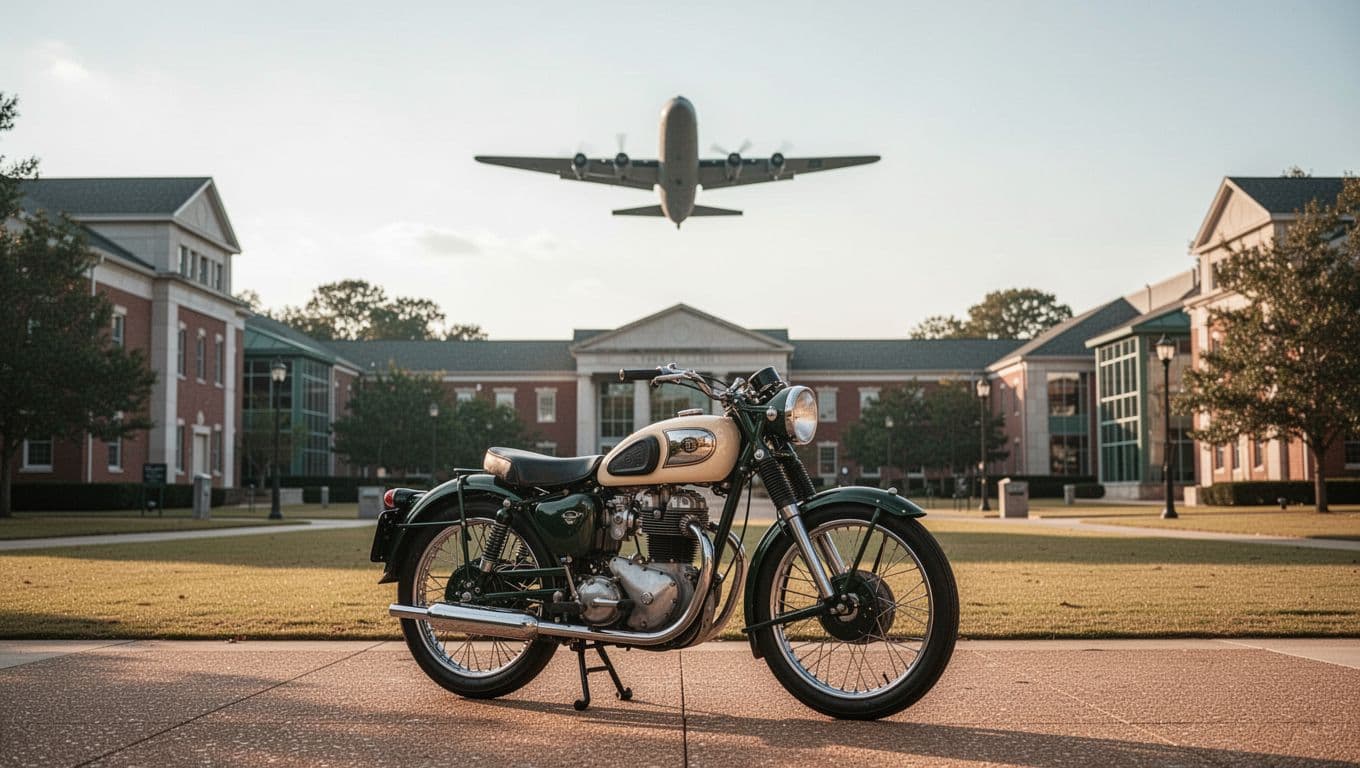 A vintage motorcycle stands outside Birmingham-area aviation and motorsports museums.
