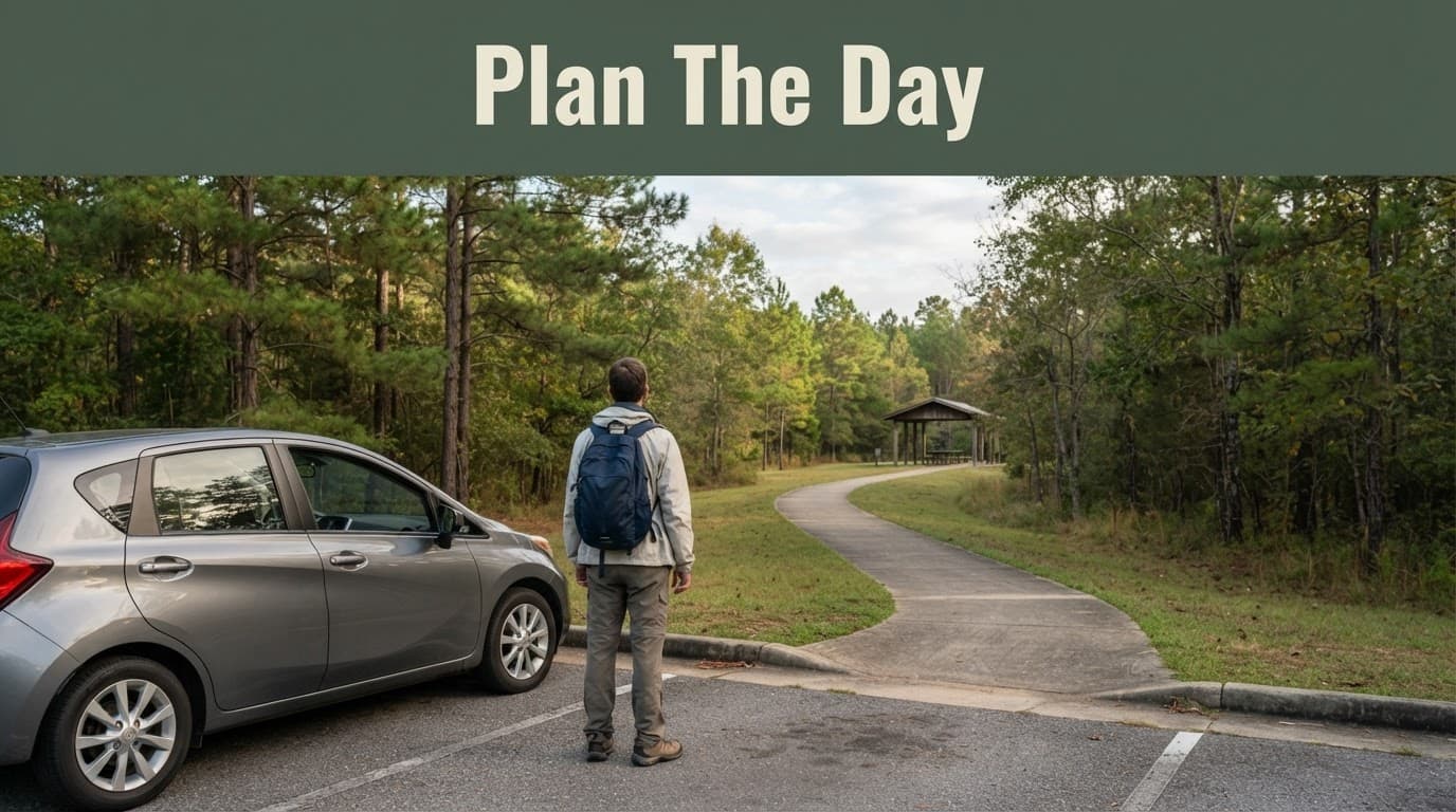 A traveler with a daypack stands beside a car near a green park path.