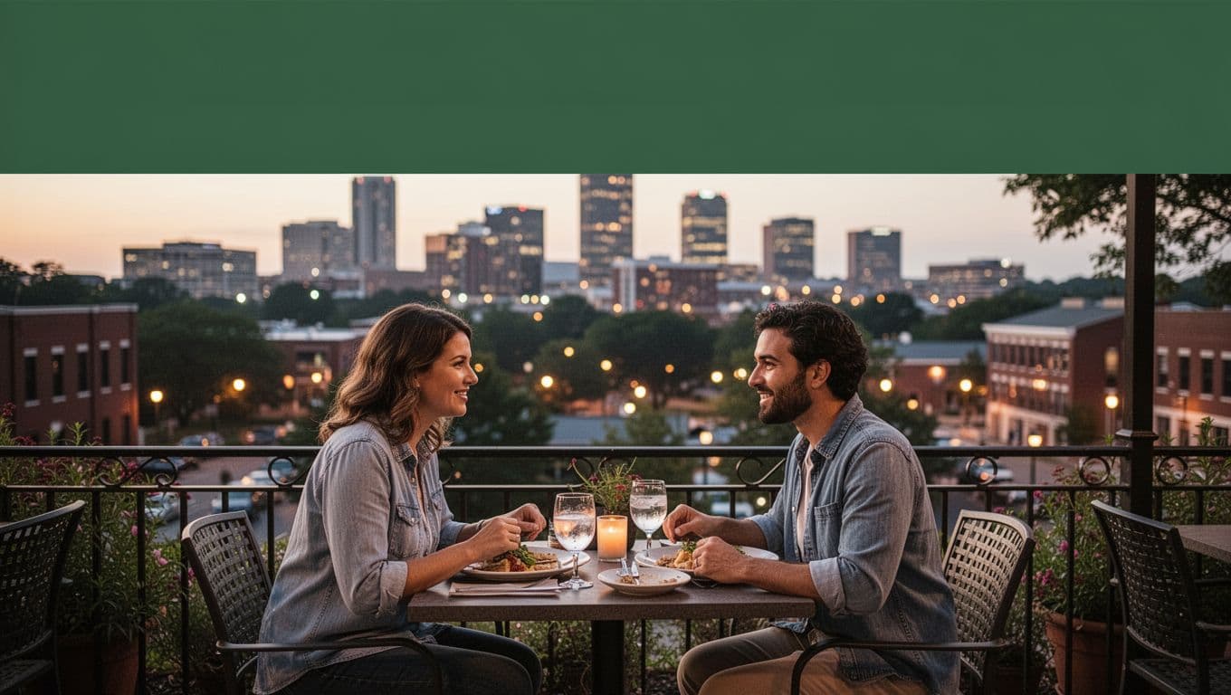 A couple shares dinner on a Birmingham patio with skyline lights in the distance.