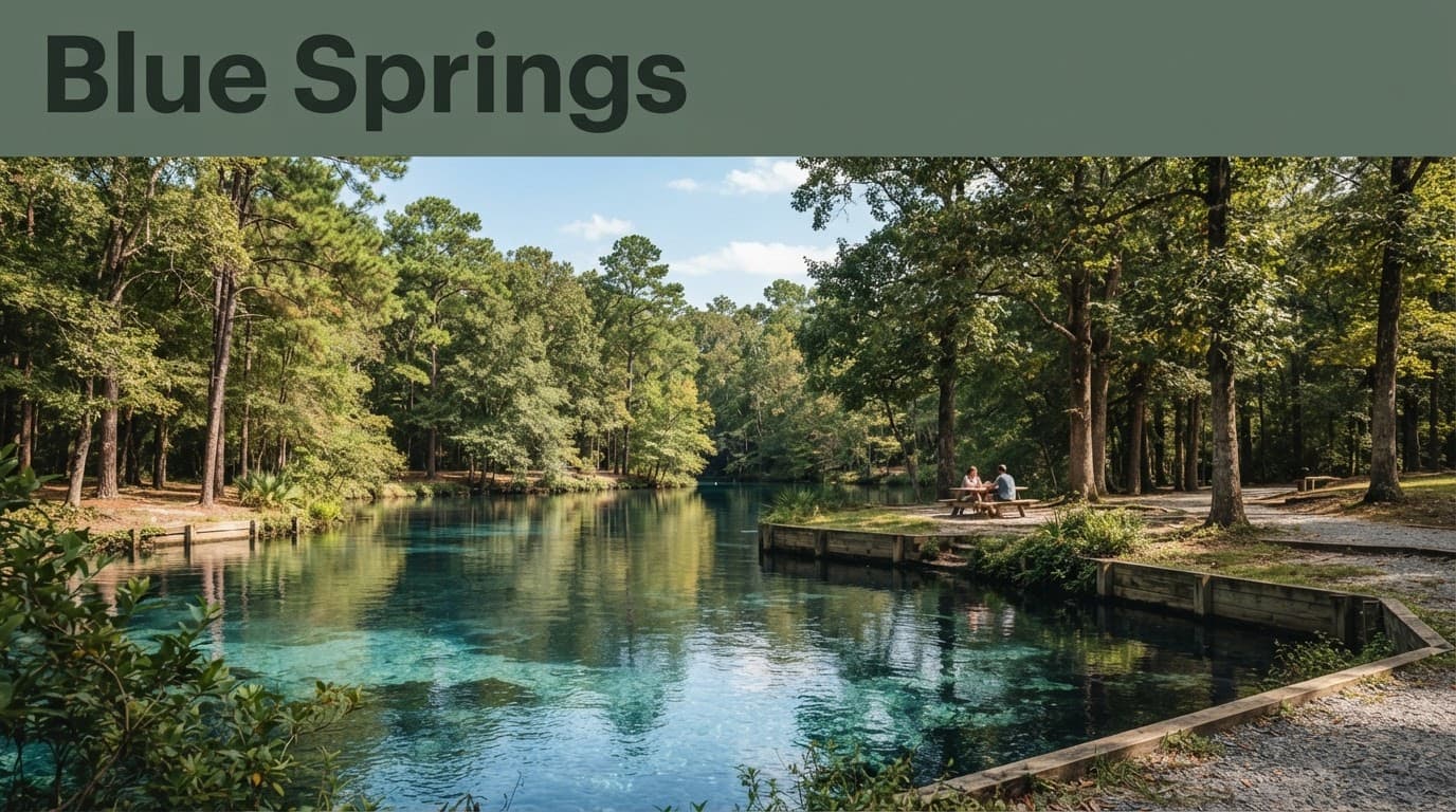 Two visitors sit at a picnic table beside clear blue spring water.