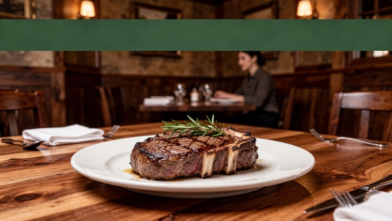 Warm steakhouse dining room with wood tables, soft lighting, and one blurred person in the background.