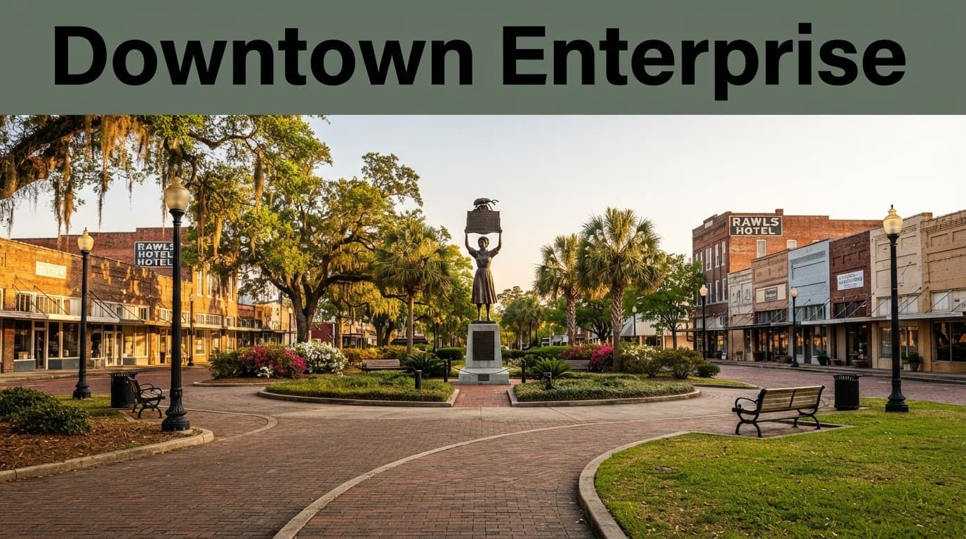 The Boll Weevil Monument stands in a tree-lined downtown square in Enterprise, Alabama.