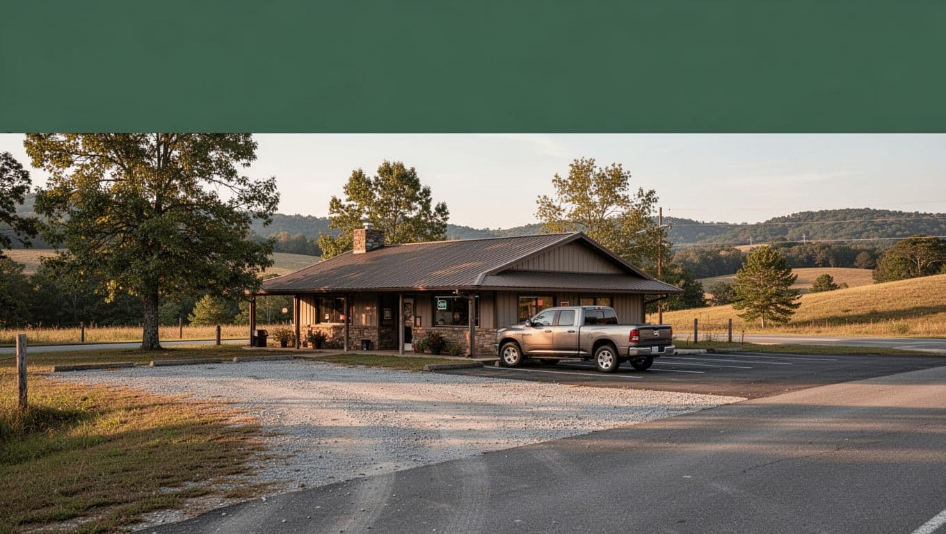A rural restaurant with one pickup truck and trees around its parking area.