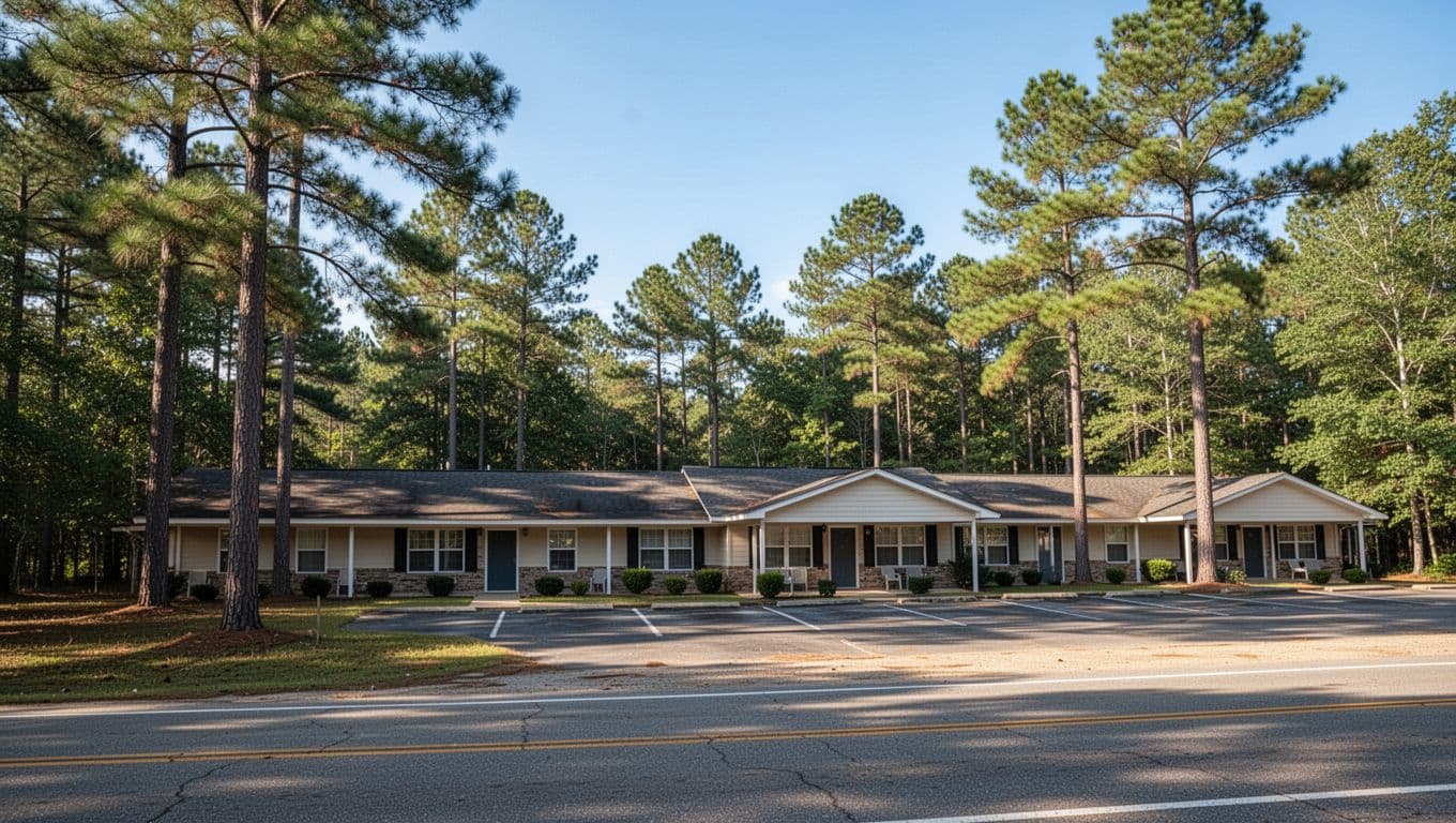 A rural Alabama motel with parking spaces and pine trees under a clear sky.