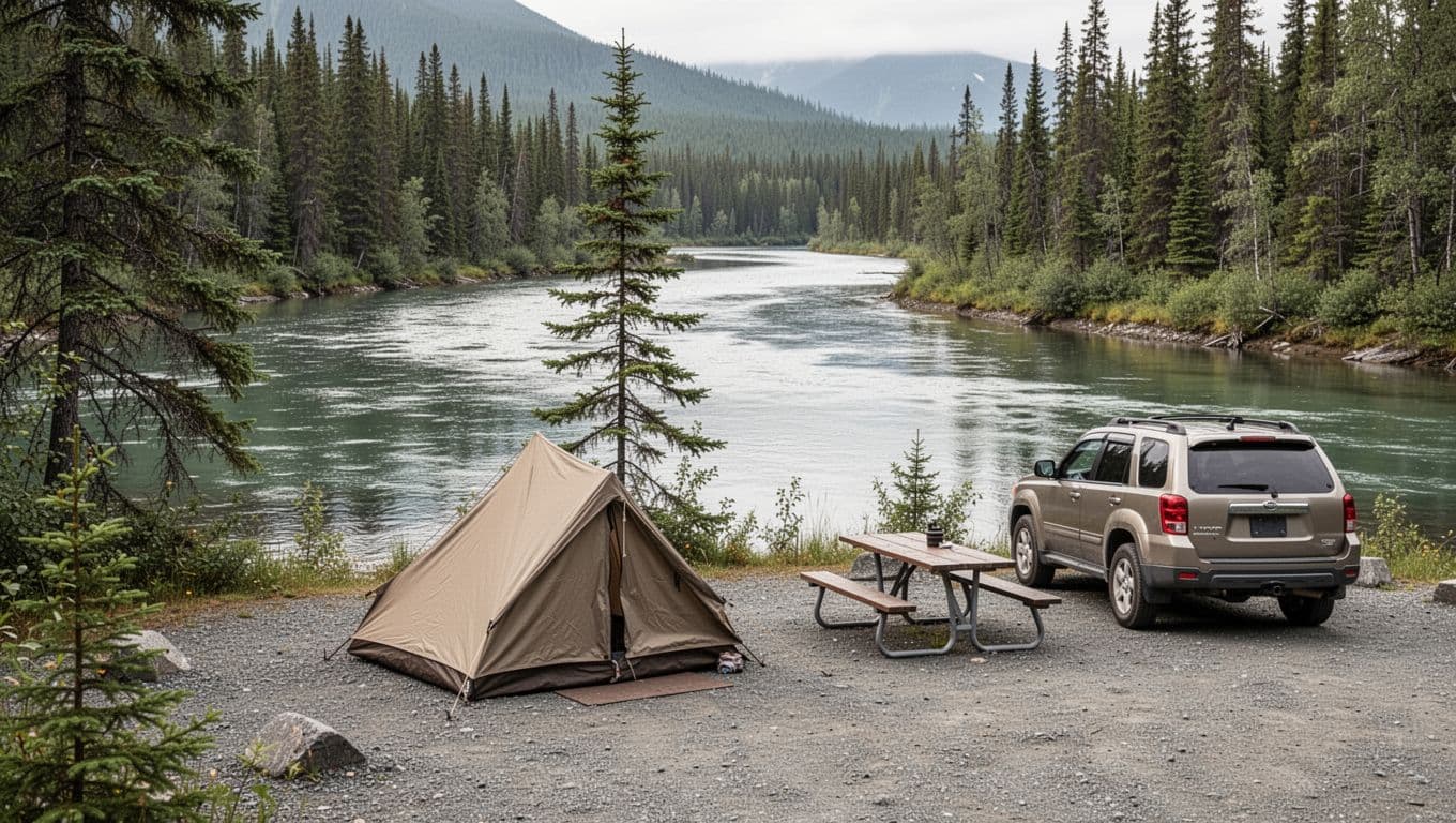A tent, picnic table, and SUV beside a calm Alaskan river.