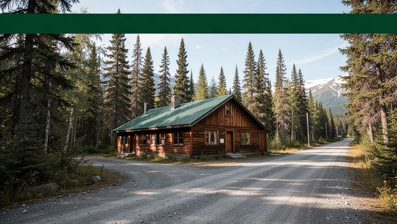 A roadside lodge beneath tall pine trees with a green Budget Alaska banner above.