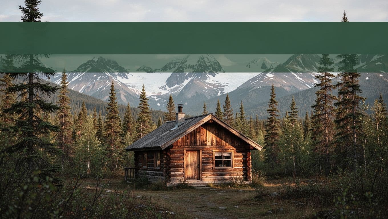 A rustic cabin in an Alaskan landscape beneath a dark green band and BUDGET STAY headline.
