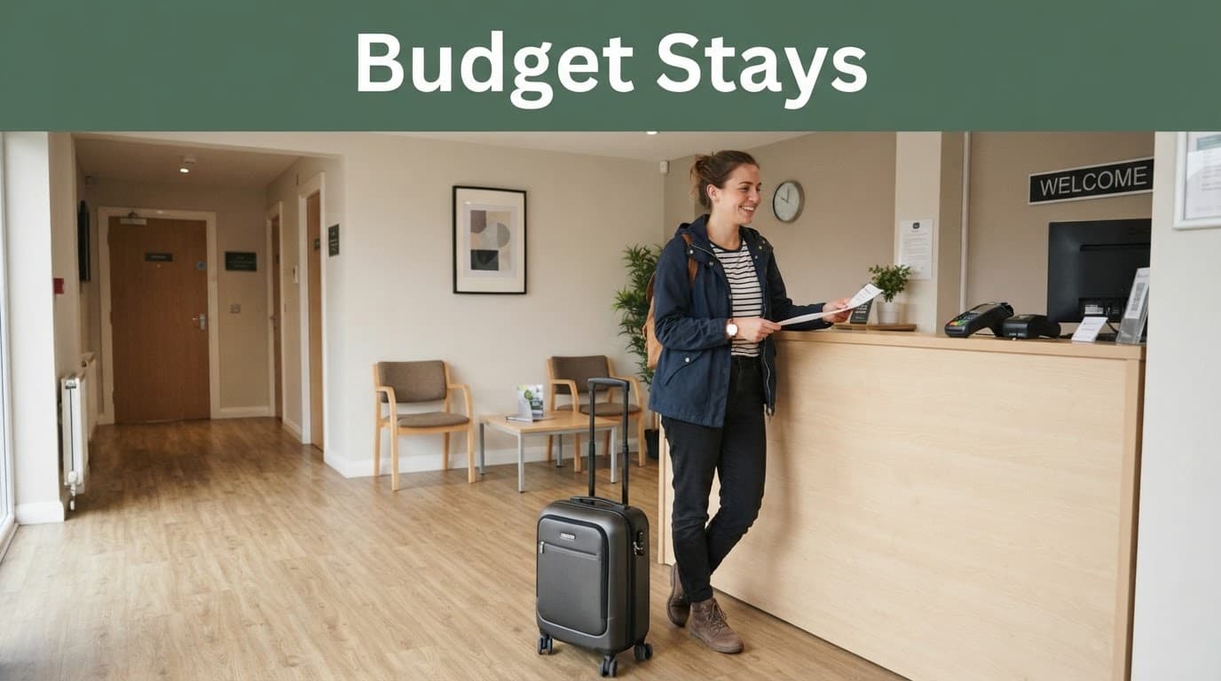 Traveler with a small suitcase in a clean budget hotel reception near Basildon.