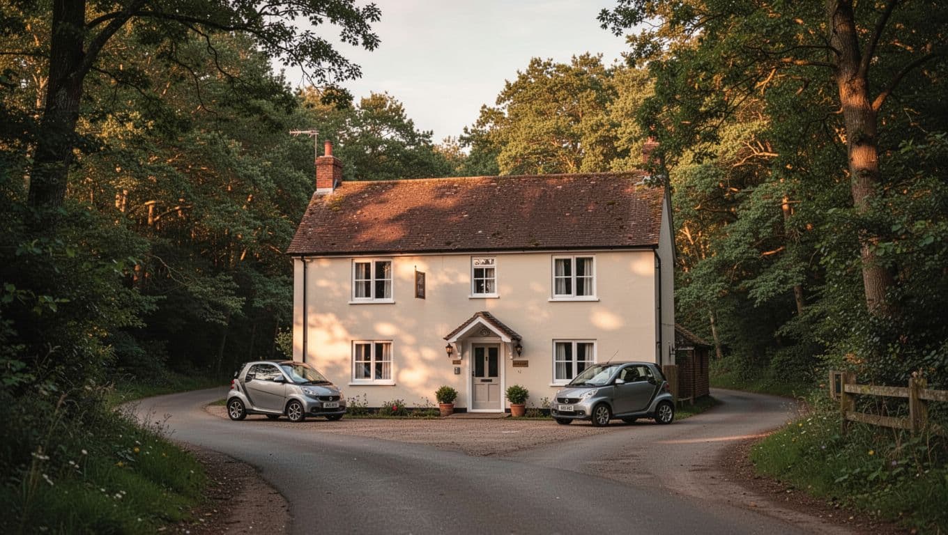 A small hotel beside a country lane with one parked car and trees behind it.