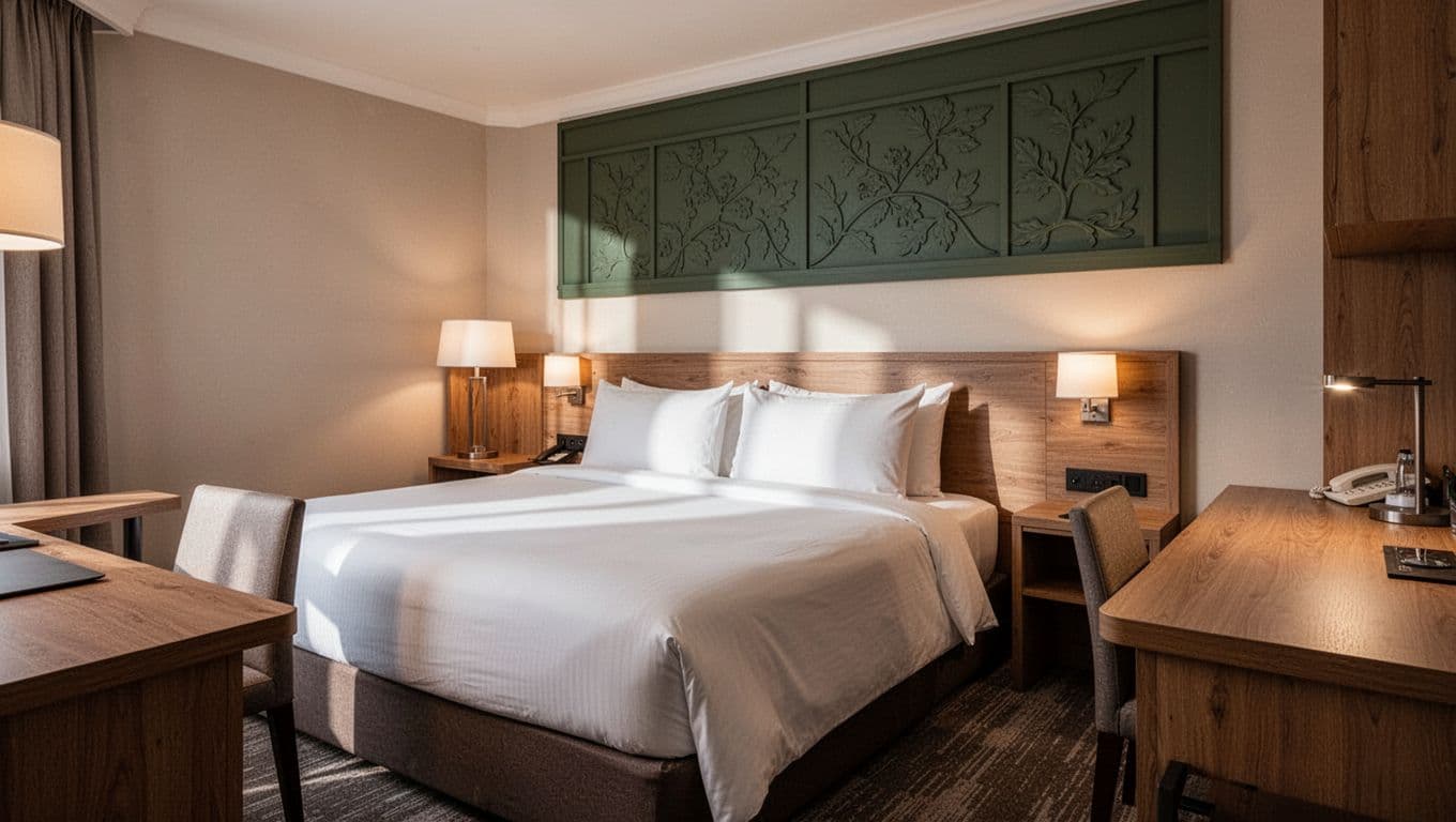 A tidy hotel room with a made bed, wooden desk, and green Budget Stay banner.