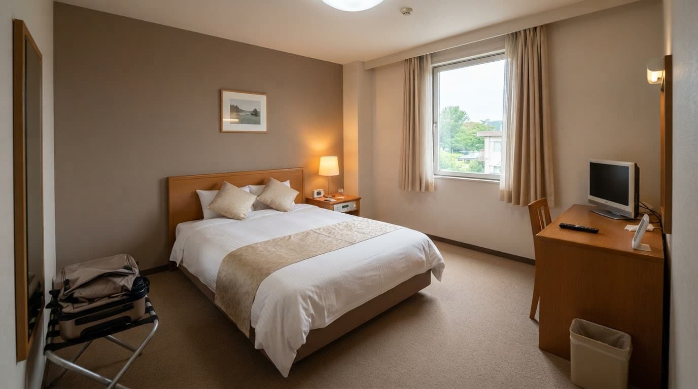 A tidy budget hotel room with a made bed and warm wood furnishings.
