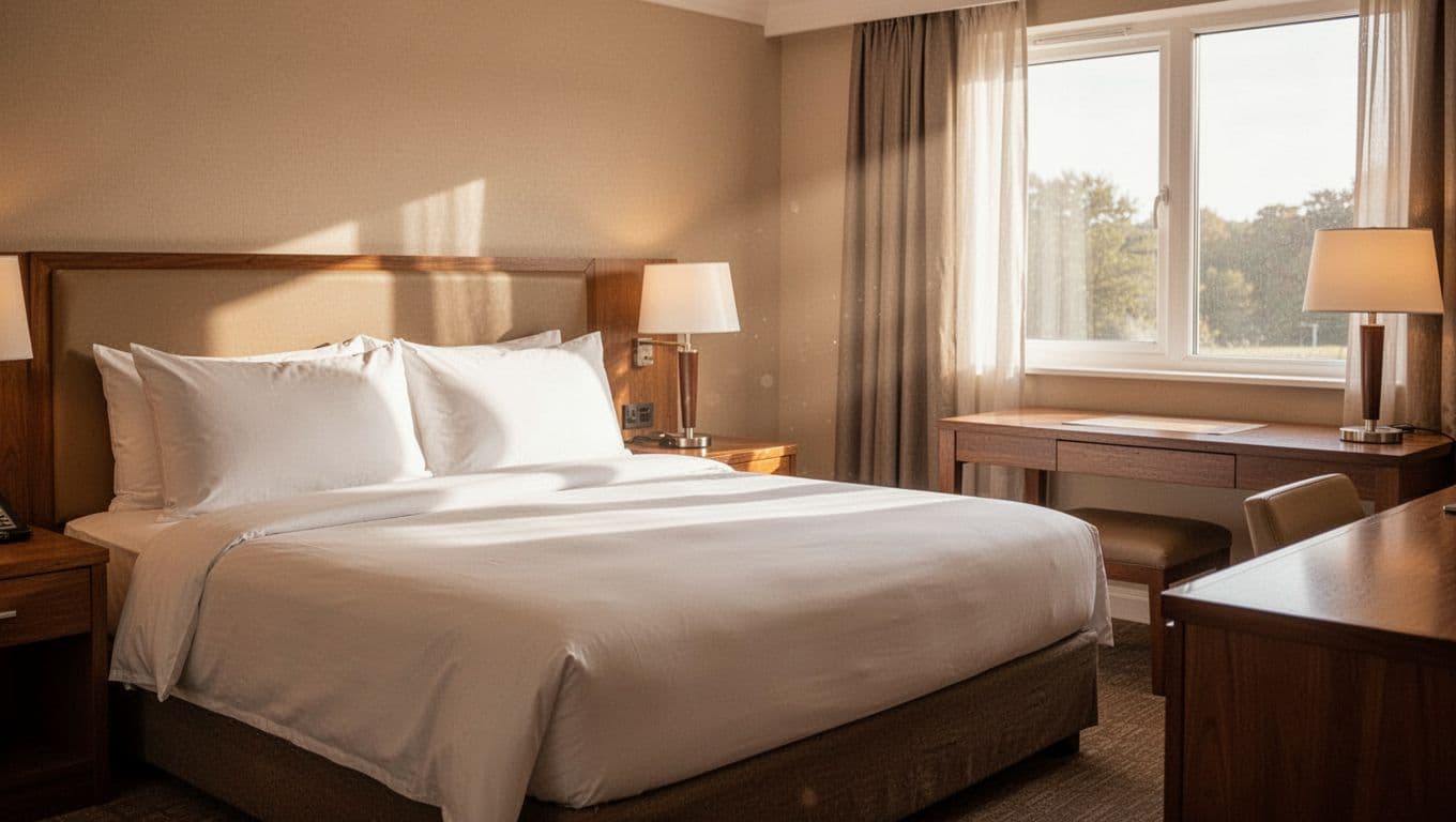A tidy hotel room with a bed, desk, and bold Comfort First headline.