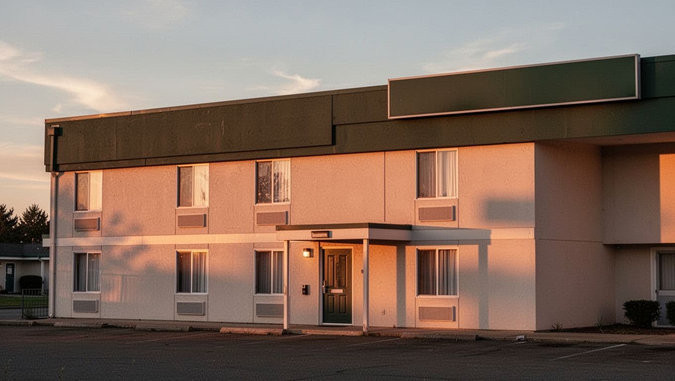 A budget hotel exterior with a BUDGET STAYS sign at sunset.