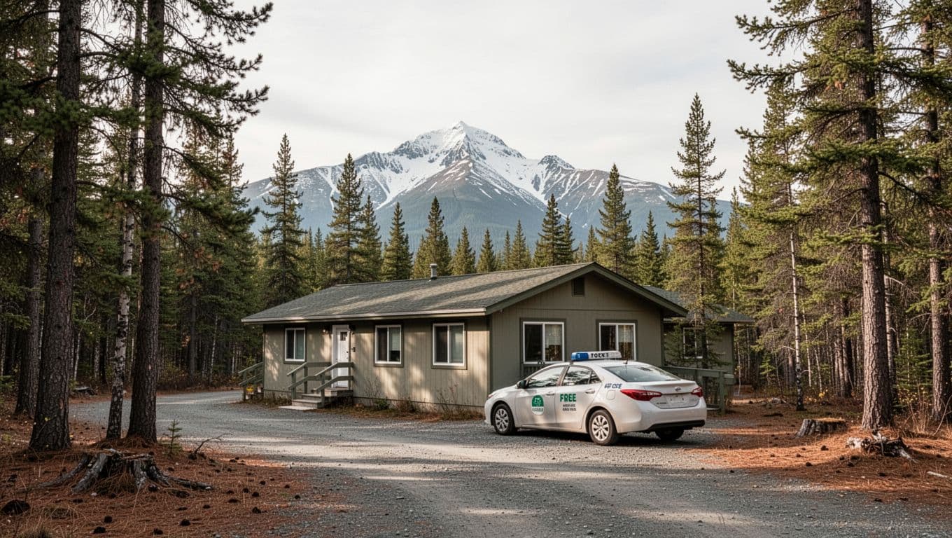 A modest roadside motel and rental car among spruce trees with mountains beyond.