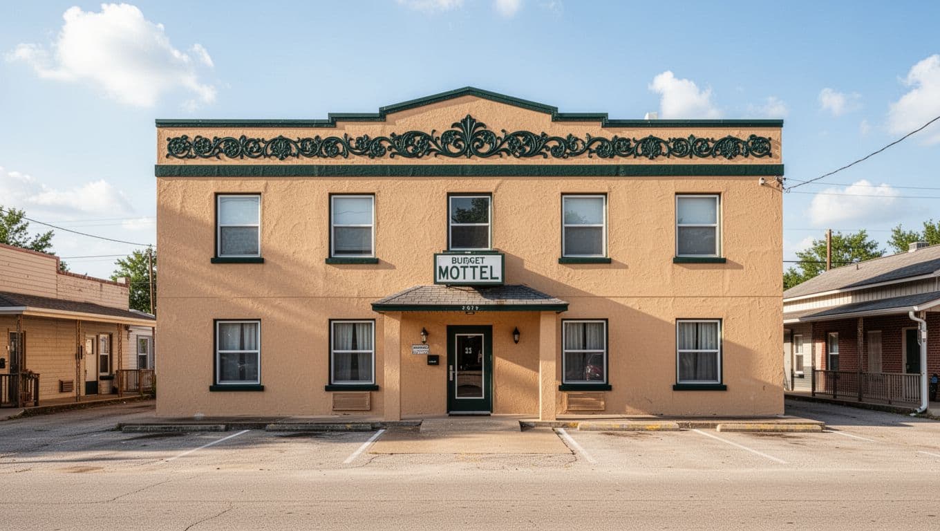 A clean one-story motel under a sunny sky with a dark-green banner.