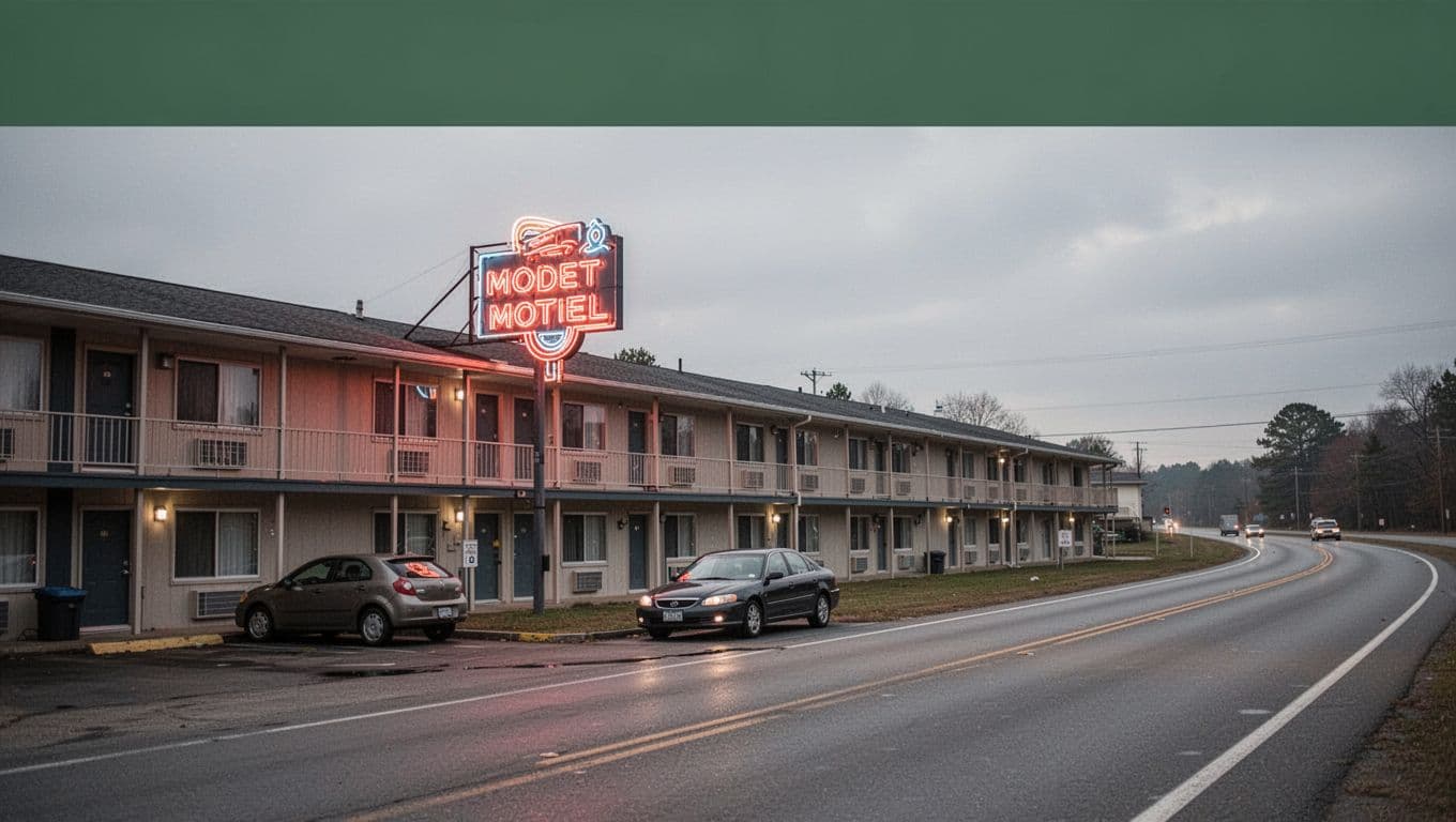 A modest motel with a retro sign and one parked car beside a quiet highway.