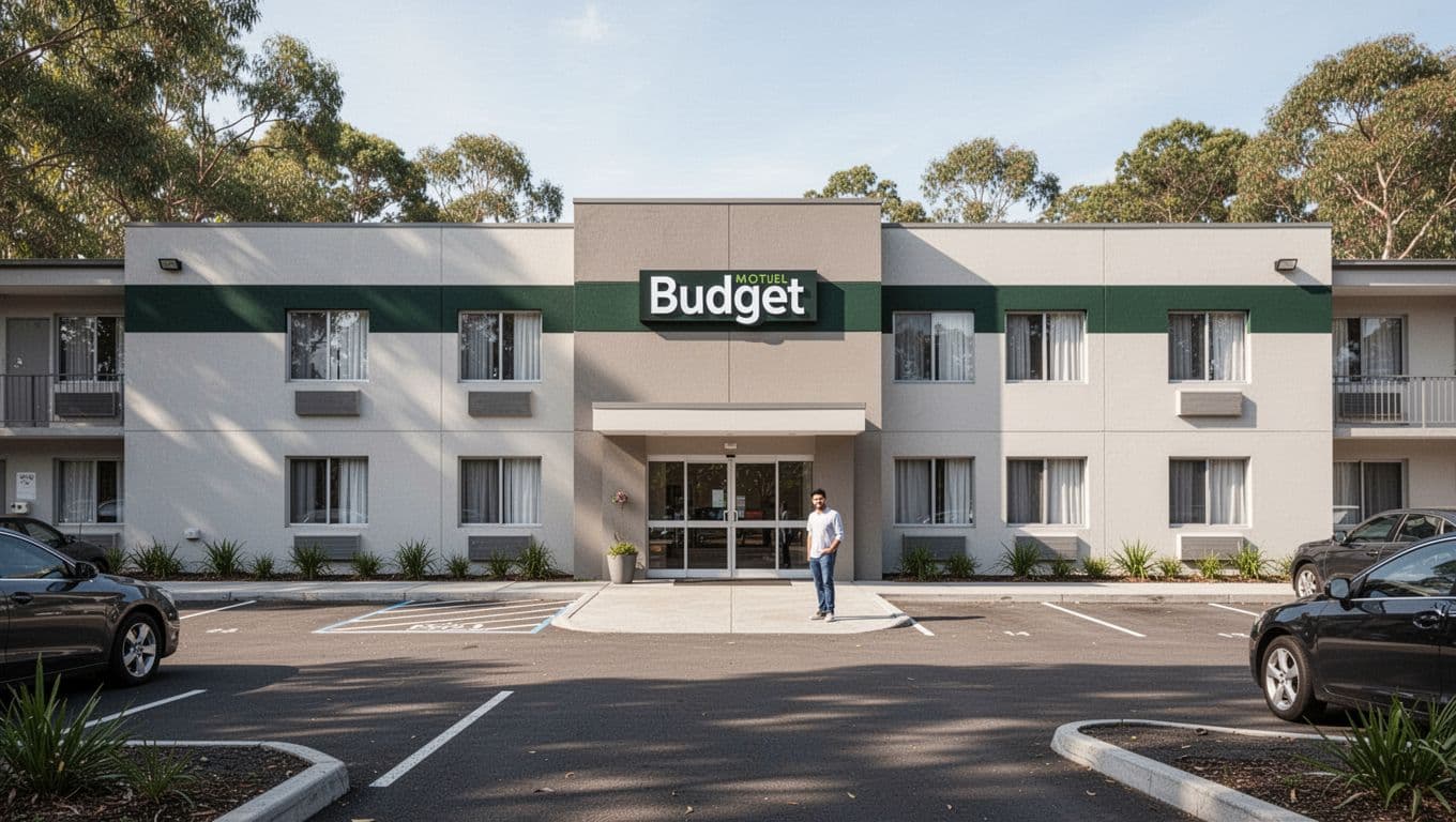 Modern budget motel with a neat parking lot and one person by the entrance.