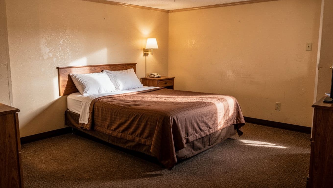 A tidy motel bed in warm light beneath a dark green Budget Rooms banner.