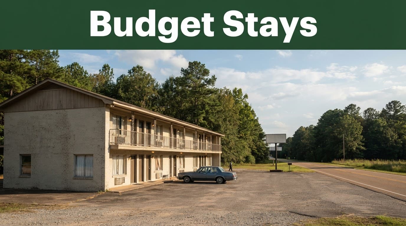 A modest motel in rural Alabama with one person near a parked car.