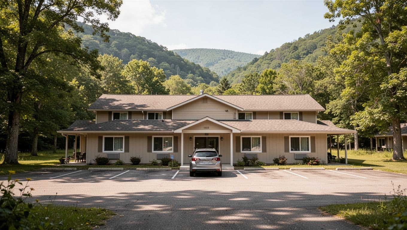 A budget motel with one car sits in a green valley beneath a bold color band.