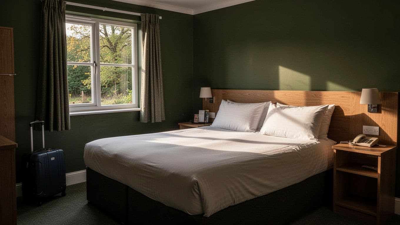 Clean budget hotel room with a double bed, luggage bag, and woodland view.