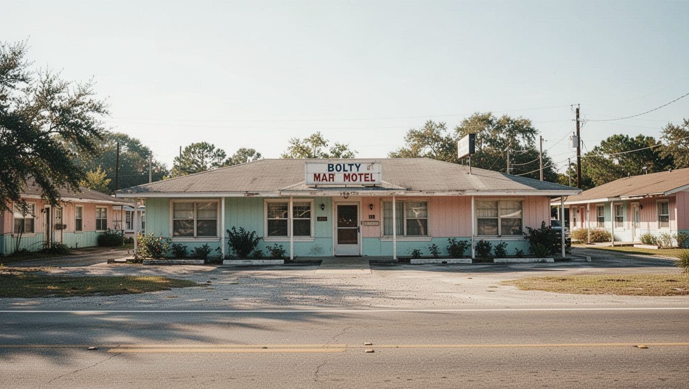A clean vintage motel with a green Budget Rooms sign in daylight.