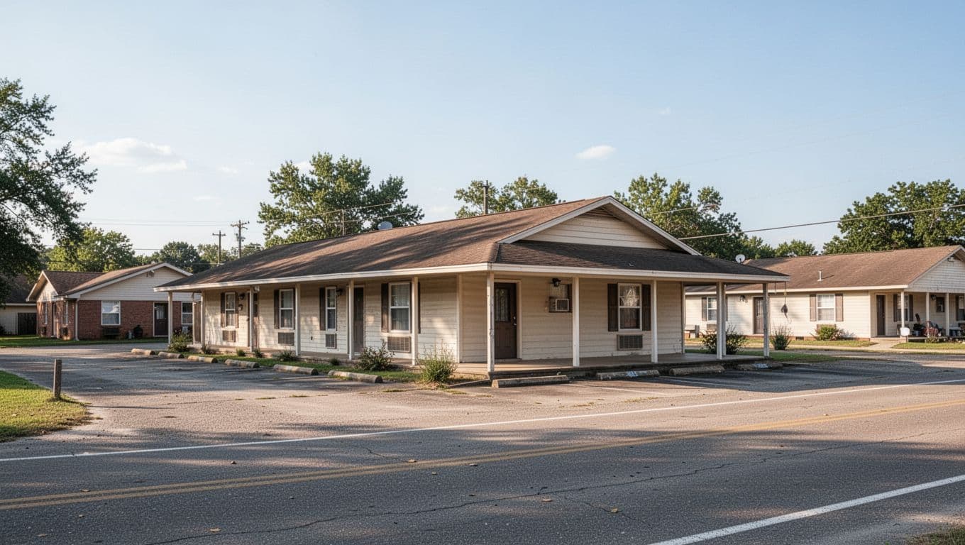 A modest roadside motel under a clear blue sky.