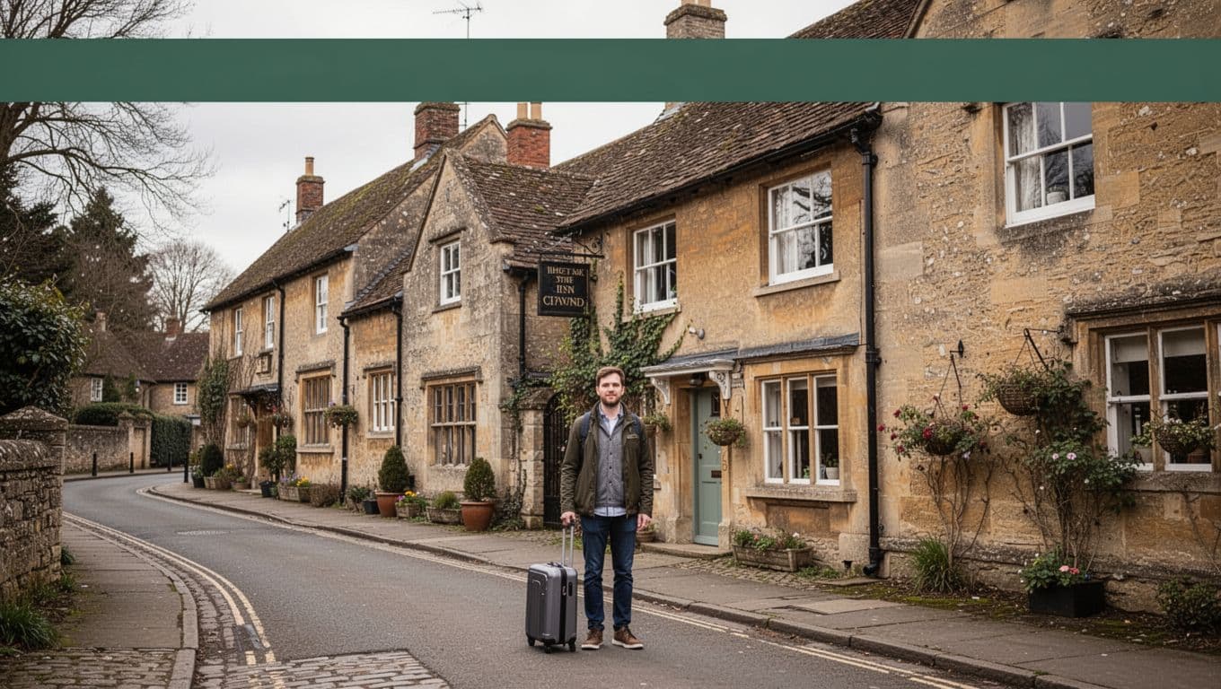 A traveler with one small suitcase outside a historic inn in Henley-on-Thames.