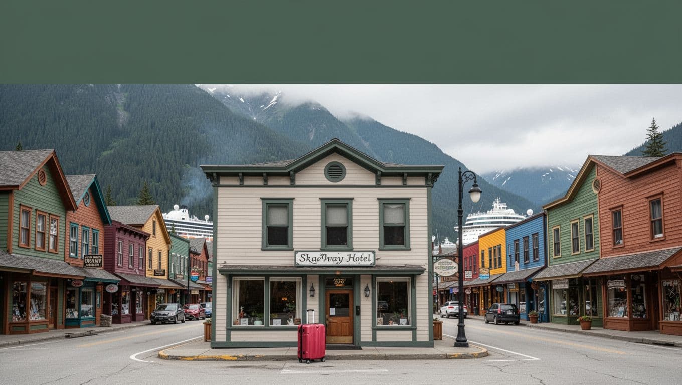 A small historic hotel and suitcase on a Skagway street beneath a Budget Stays headline.