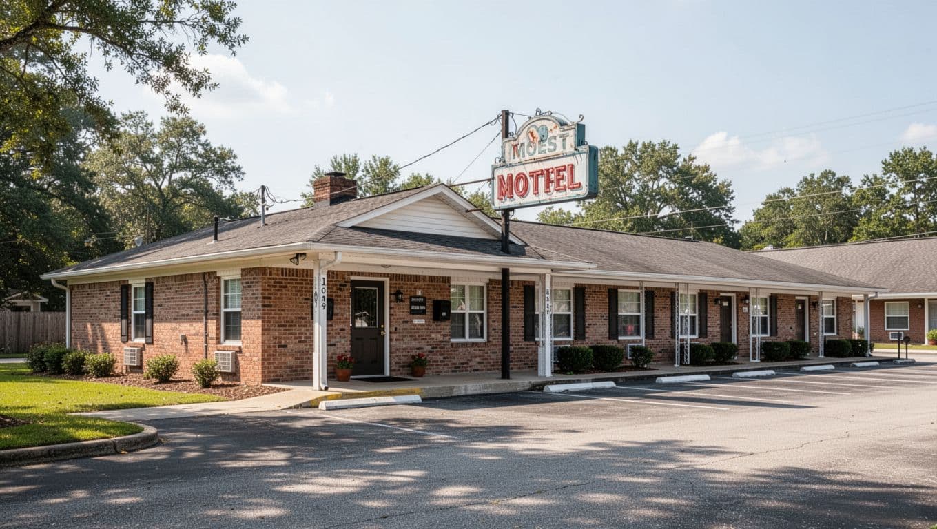 A brick motel with a vintage sign and grass in a quiet small town.