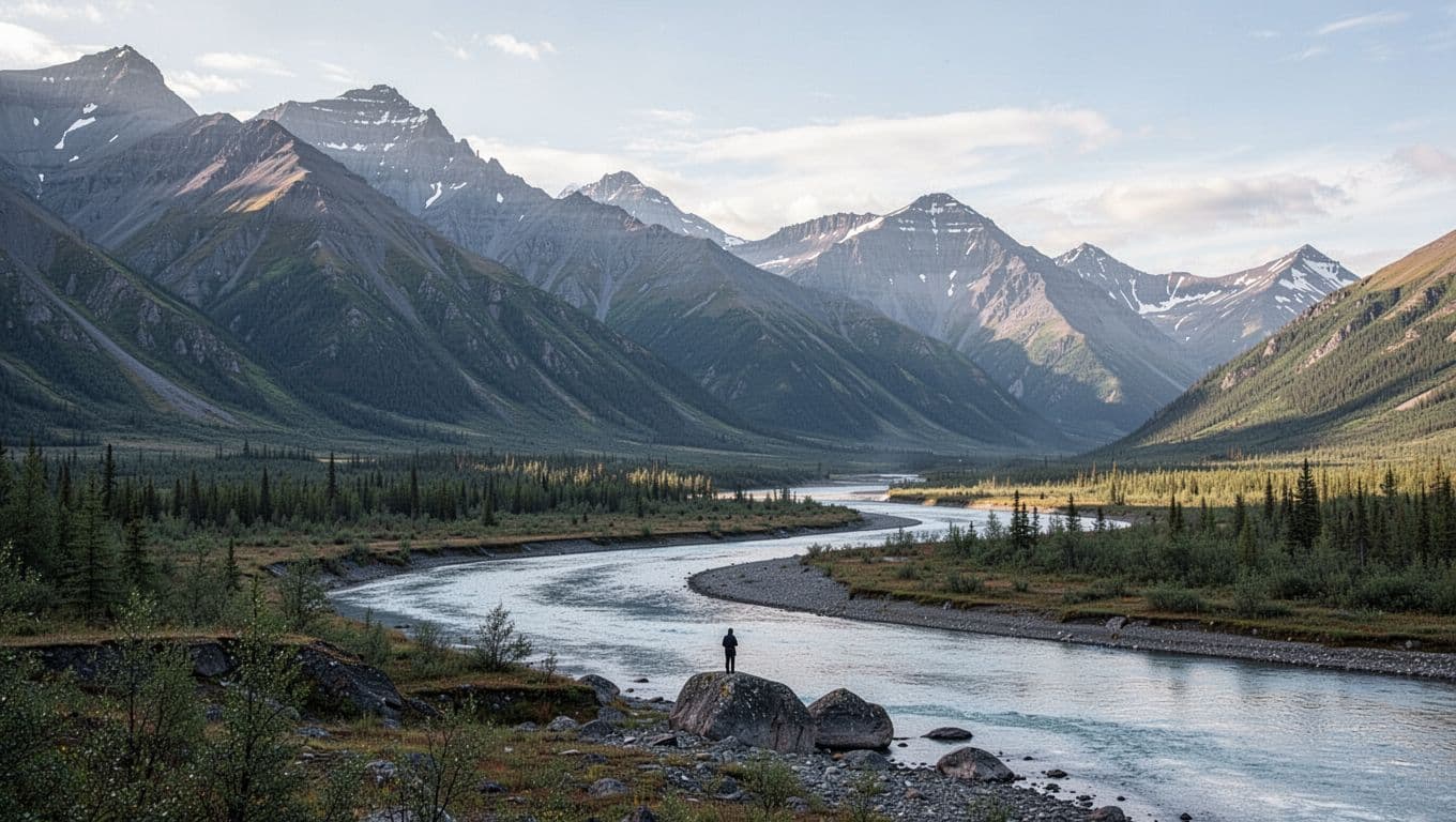 Butte Alaska mountains rise above the Matanuska River beneath an Alaska Lodging banner.