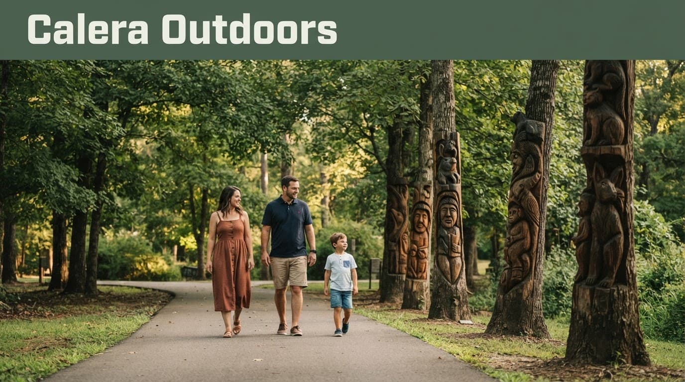 A family of three walking past carved tree trunks in a green park.
