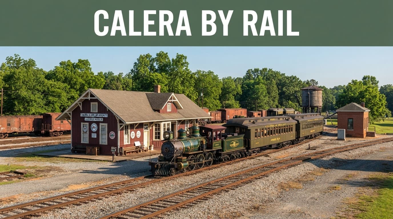 A historic depot and one vintage train sit in a sunny Alabama rail yard.