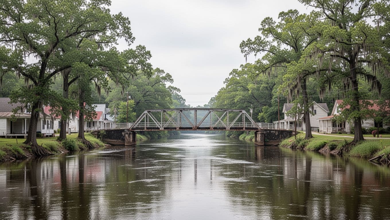 A steel bridge crosses a calm river below a dark-green CALION RIVER TOWN headline.