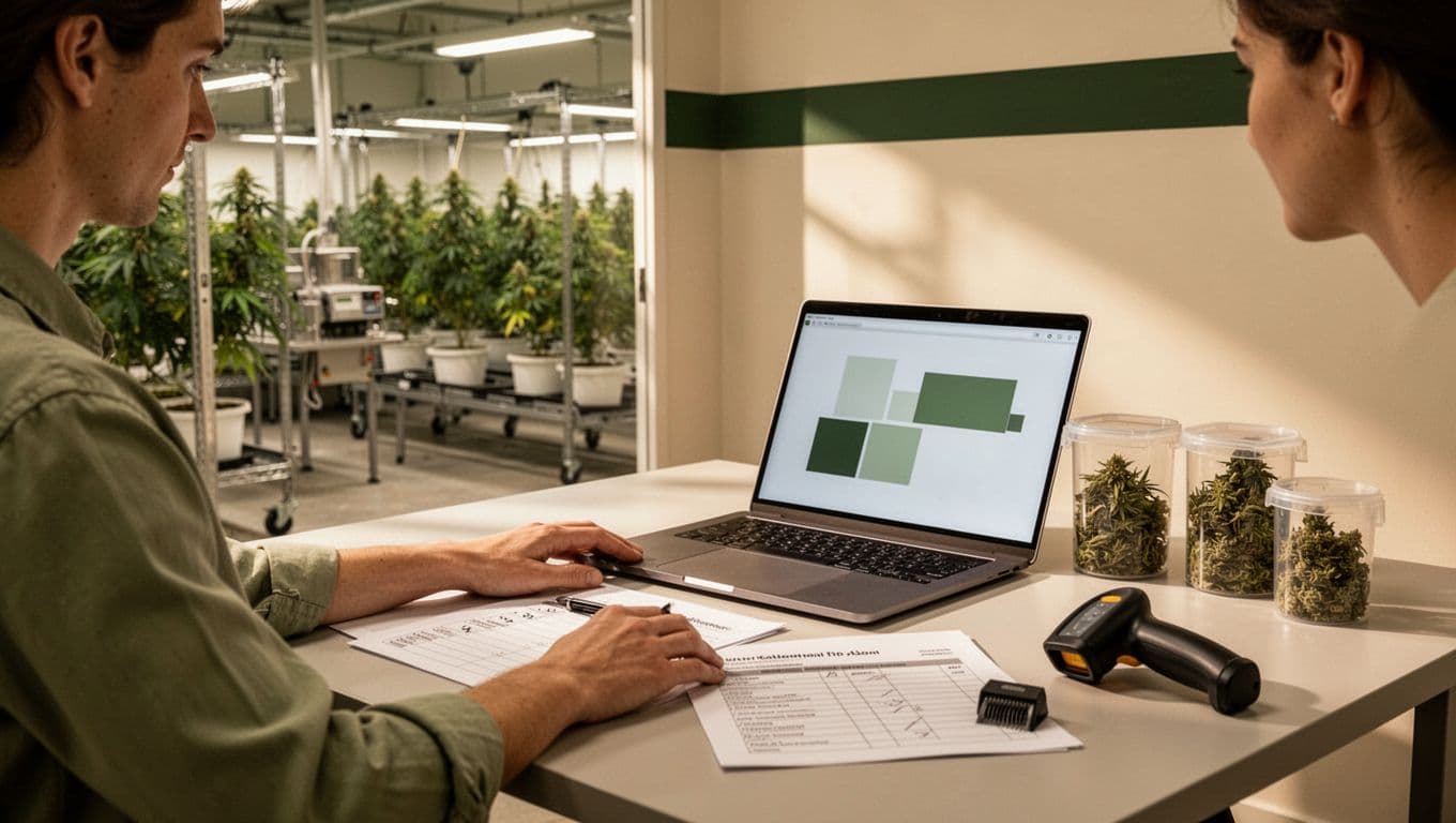 Manager reviewing inventory automation beside batch containers, a checklist, and barcode scanner.