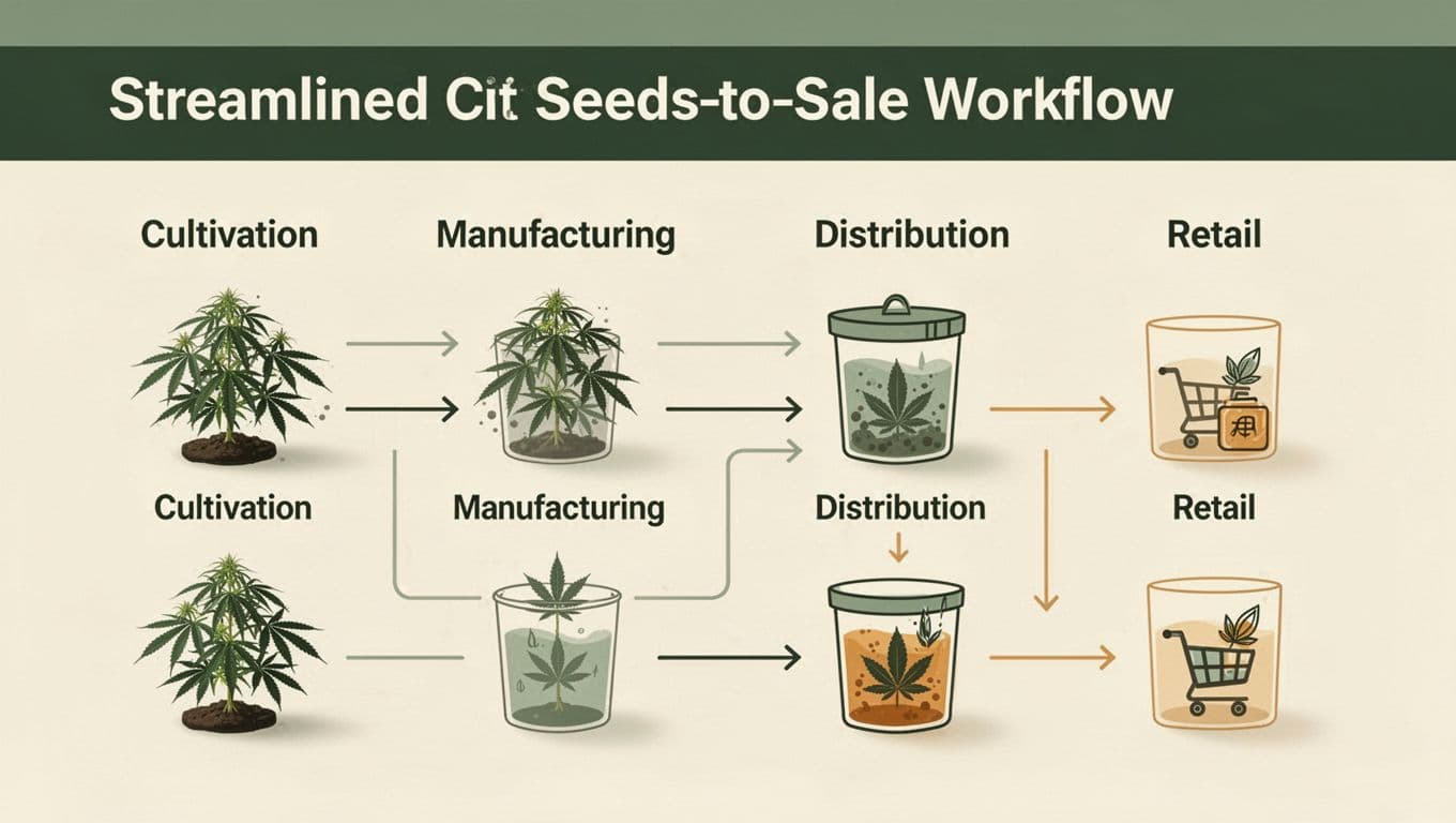 Workflow connecting cannabis cultivation, manufacturing, distribution, and retail.