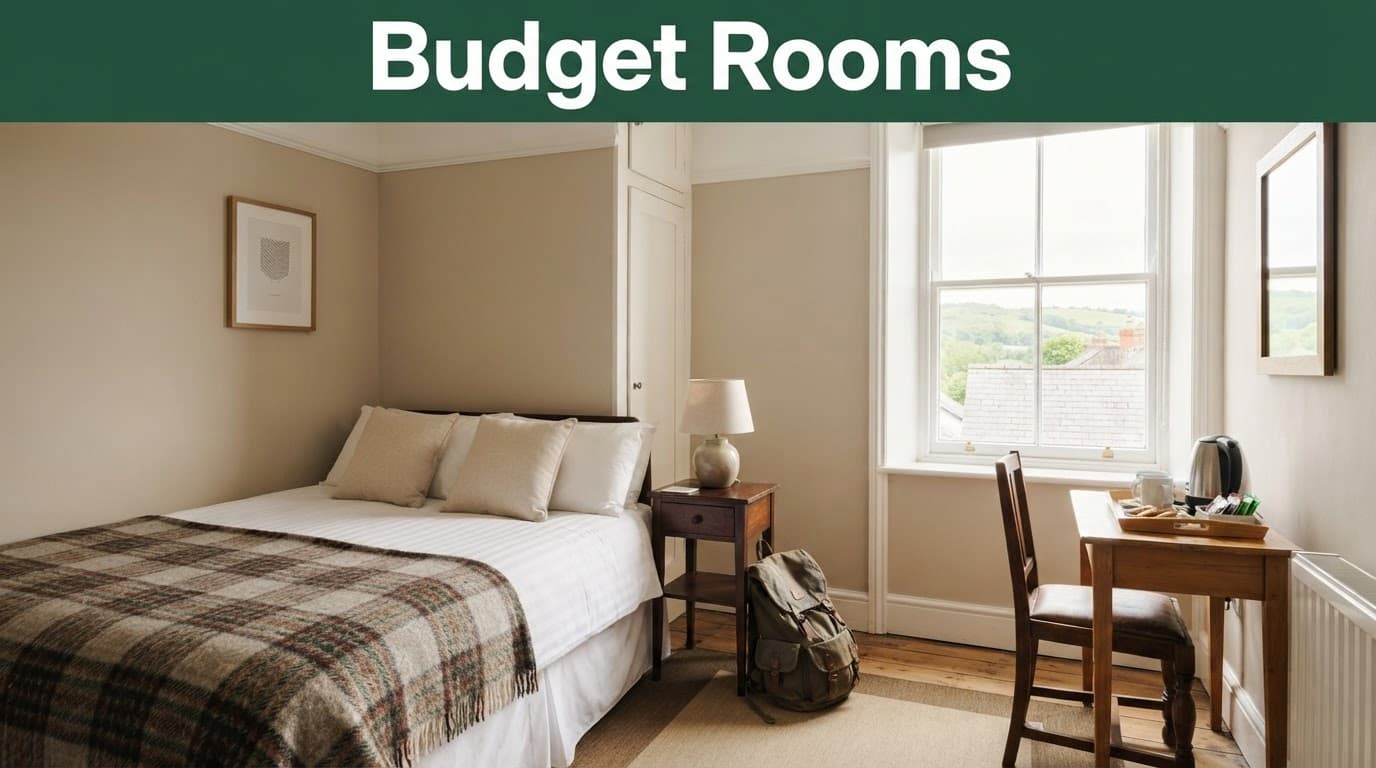 A tidy guesthouse bedroom with a bed, desk, tea tray, and green hills outside.