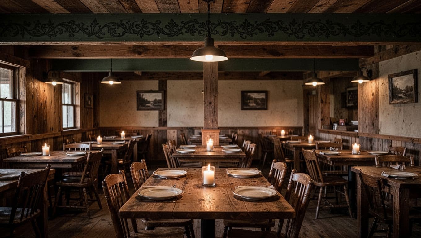 Rustic restaurant with set tables and a green Local Dining banner.