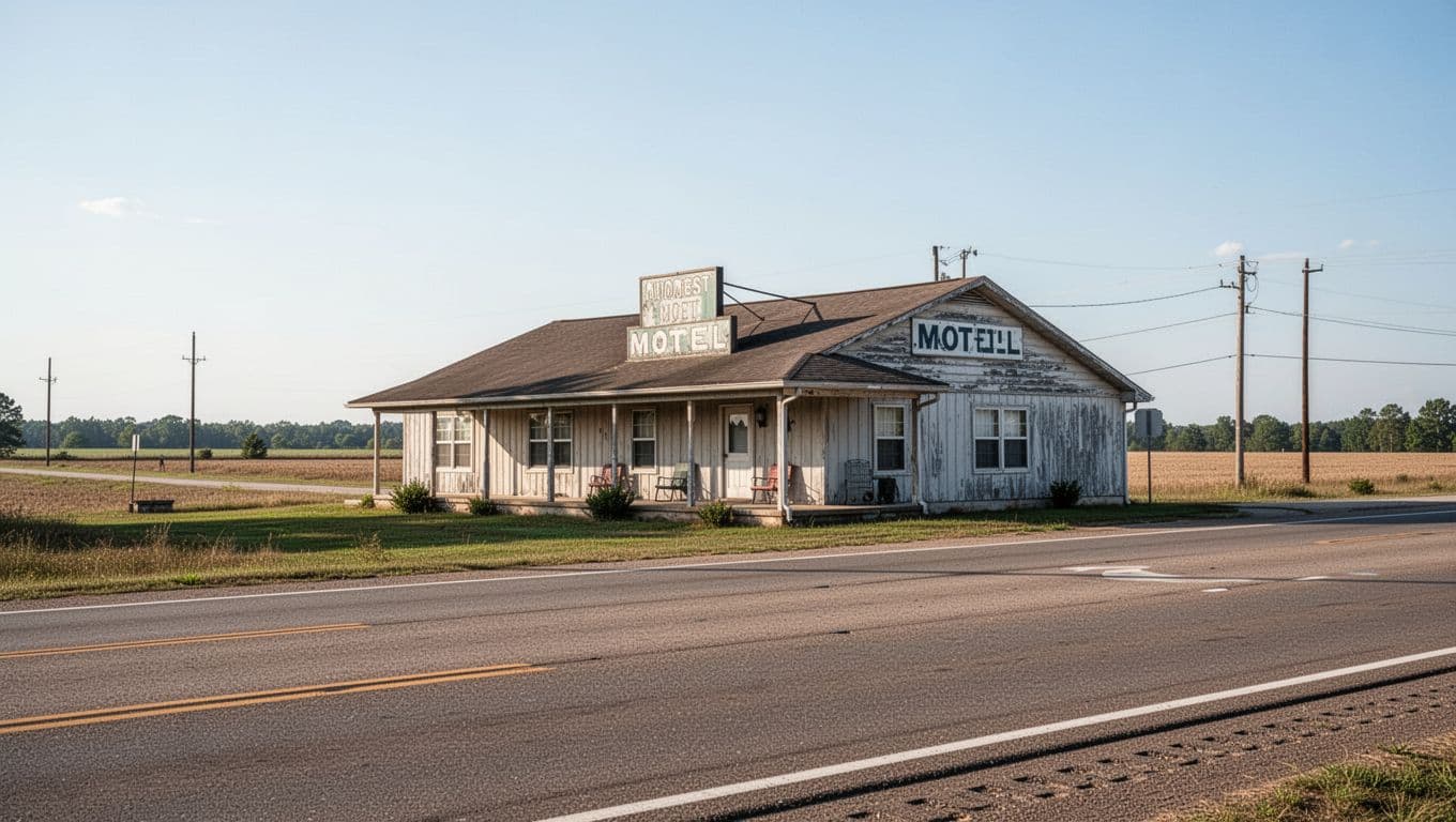 A modest Alabama highway motel with a low building and paved parking in daylight.
